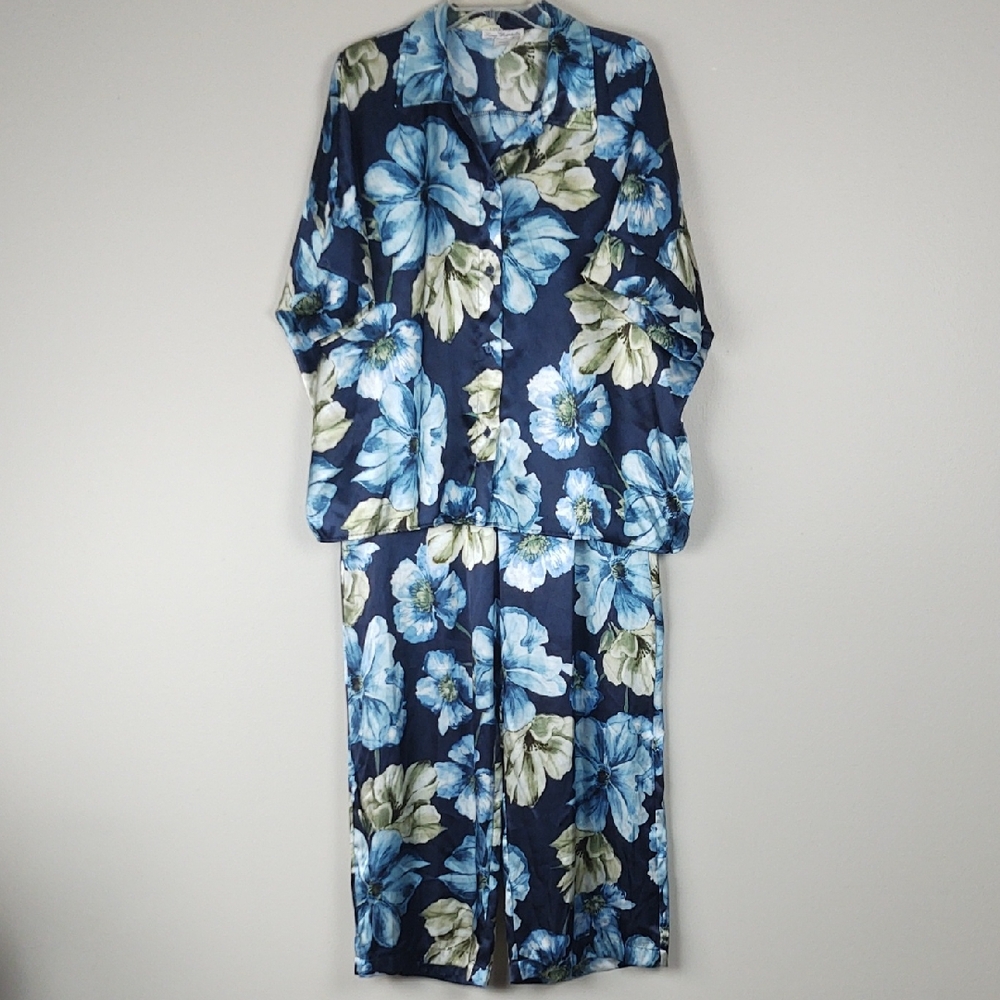Linea Donatella Satin Pajama Pant Set XL Blue Floral Relaxed Elegant Lounge